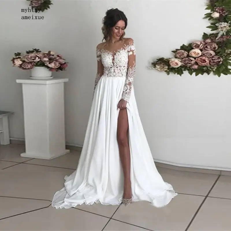 

Full Chiffon Scoop Floor-length Illusion Beach Regular Plus Size Cheap Boho Sexy Wedding Dress 2021 Simple Vestido De Noiva