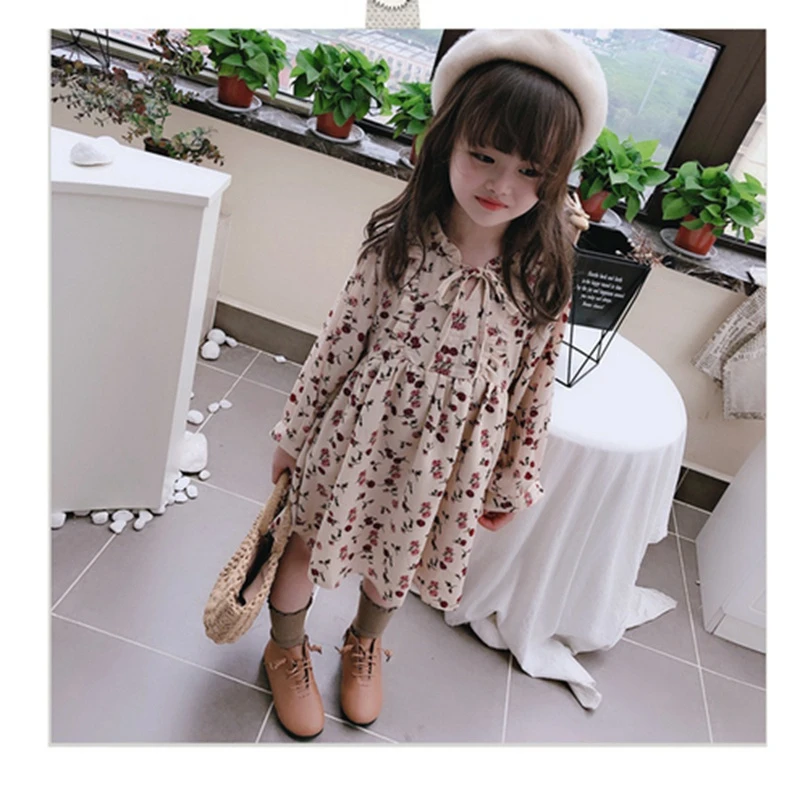 Шифоновое платье для девочек весенне-осеннее хлопковое платье с длинными рукавами и цветочным принтом Одежда для девочек с бантом и шнуровкой Пышное Платье принцессы в стиле бохо