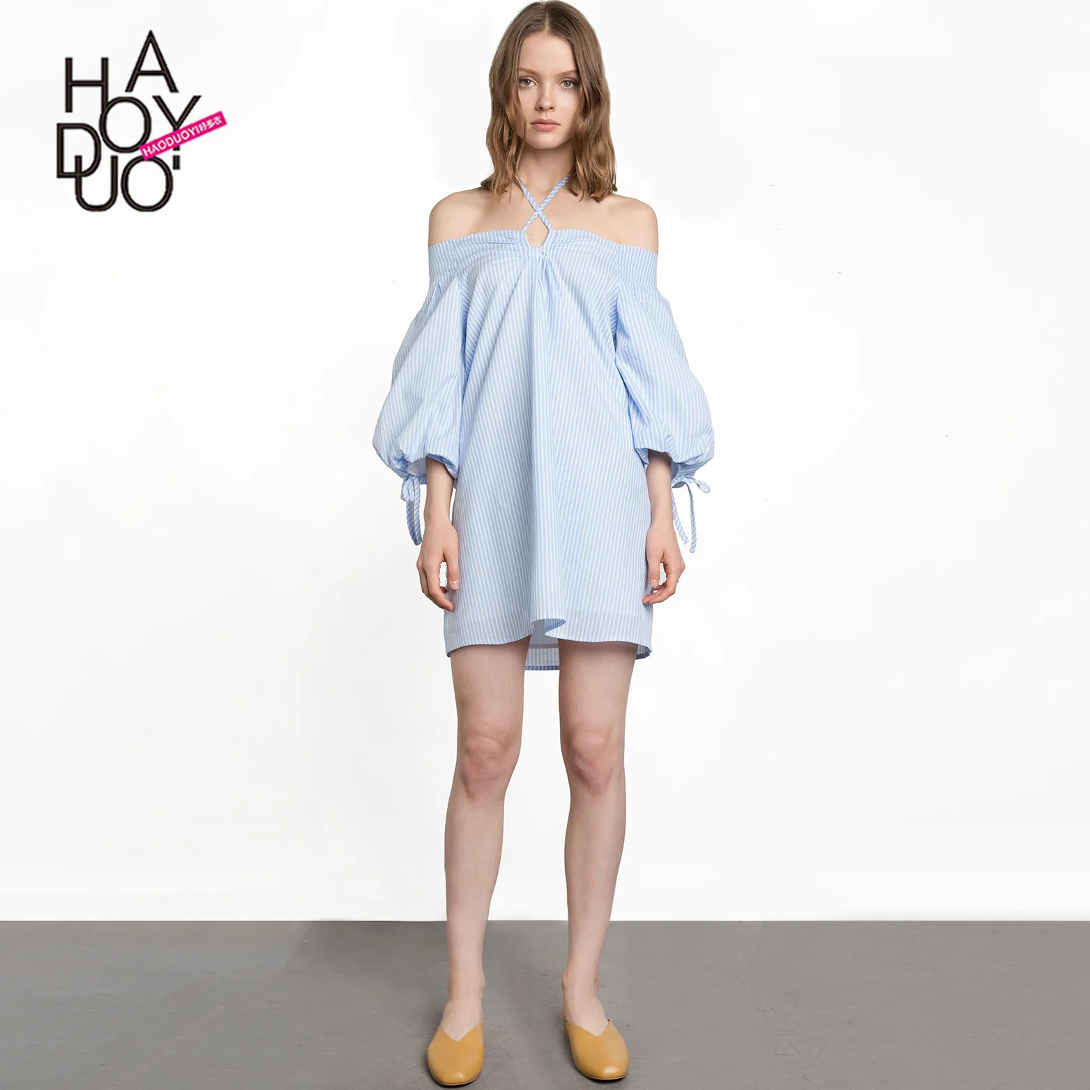 

Haoduoyi European And American Fashion off-Shoulder Cross Lantern-Sleeve Lace-up Striped Dress Hot Models