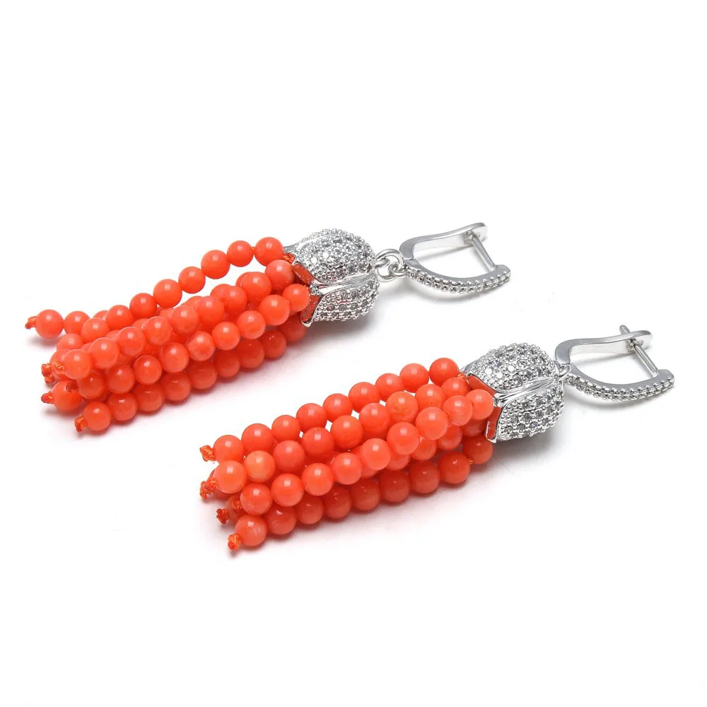 Natural Orange Smooth Round Coral Beads Silver Color CZ Pave Lever Back Dangle Earrings Cute For Women