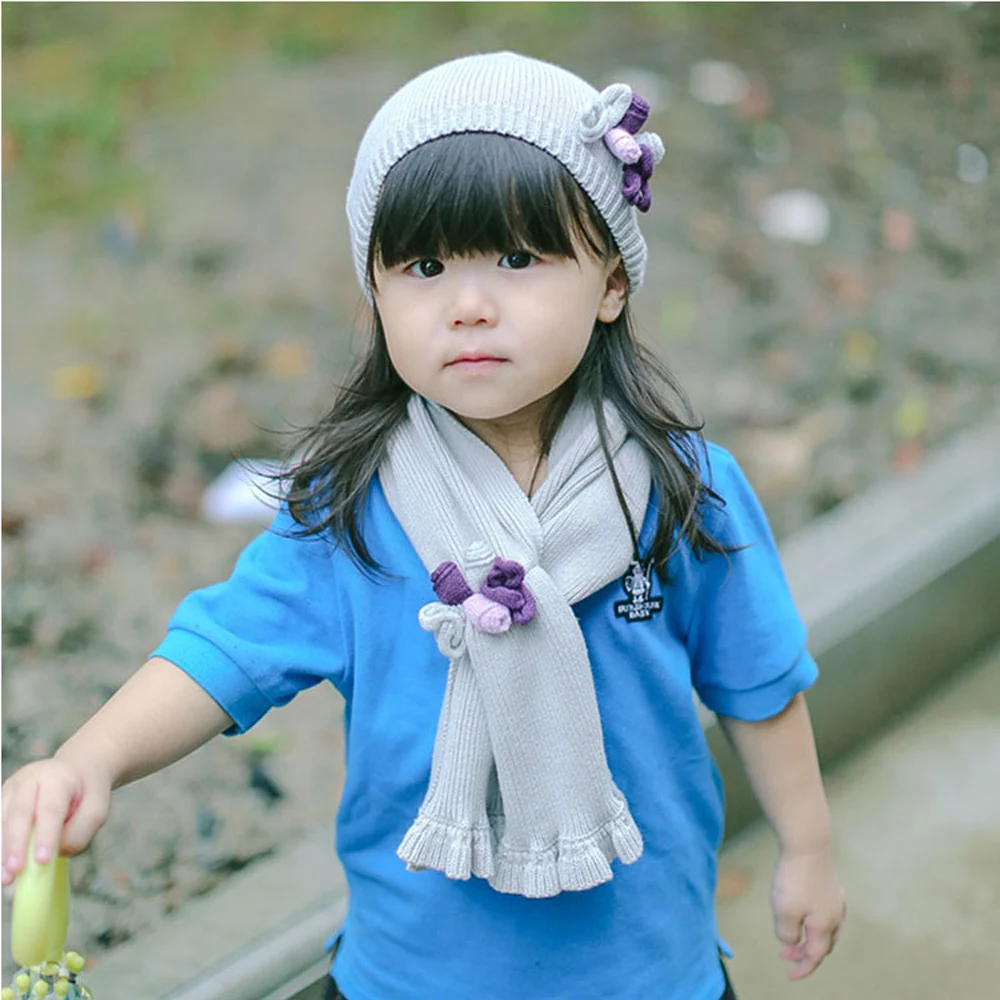 Tou Kid для маленьких девочек зимние шапки и шарф костюм крючком шапки цветок модельные шляпы детские шляпы Детский шарф