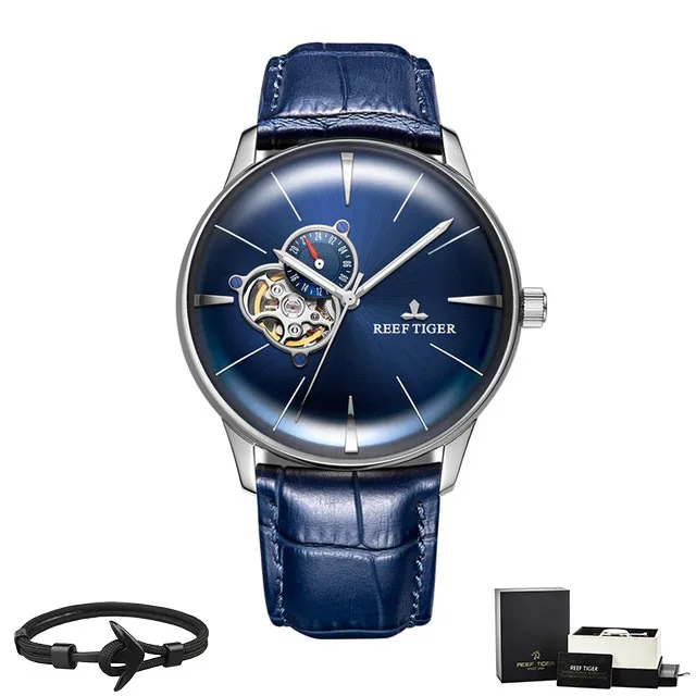 Reef Tiger бренд Tourbillon черный циферблат водонепроницаемые автоматические часы Топ Механические Роскошный кожаный ремешок мужские часы reloj hombre - Цвет: RGA8239-YLL Box Gift