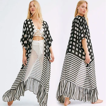 

New Sexy Plaid Stripe Beach Cover Ups Plus Size Chiffon Maxi Dress Women Bathing Suit Tunic Vestidos Cardigan Beachwear
