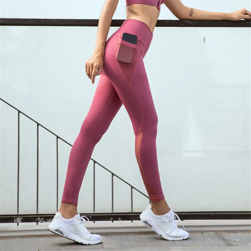 Mesh Patchwork High Waist Sport Workout Gym Tights Women Anti-sweat Soft Nylon Fitness Yoga Leggings Pants With Two Side Pocket