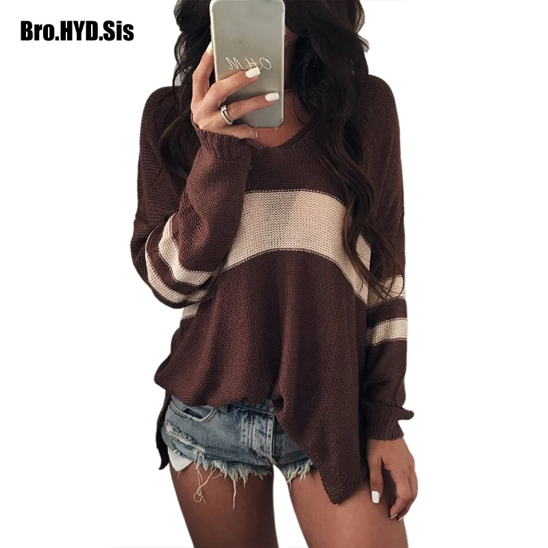 

2019 Fall Fashion New Striped Women Pullovers Blended Lady V Neck Sweater Sweats Loose Fit Female Clothing Black