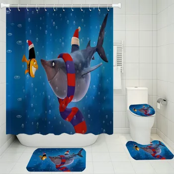 

3/4 Pieces Shark And Little Goldfish Shower Curtains Sets 3D Print Merry Christmas Rugs Home Textile Bathroom Mat Cute Bath Sets