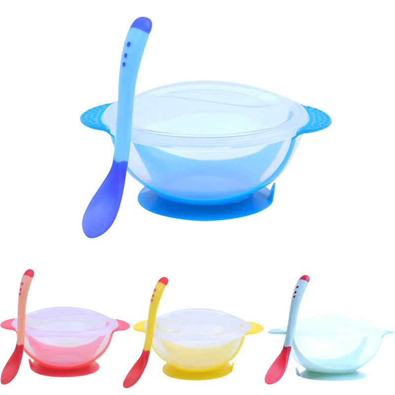 

Baby Tableware Safety Silicone Kids Food Plates Set Anti-hot Temperature Sensing Spoon Suction Cup Children Training Dishes