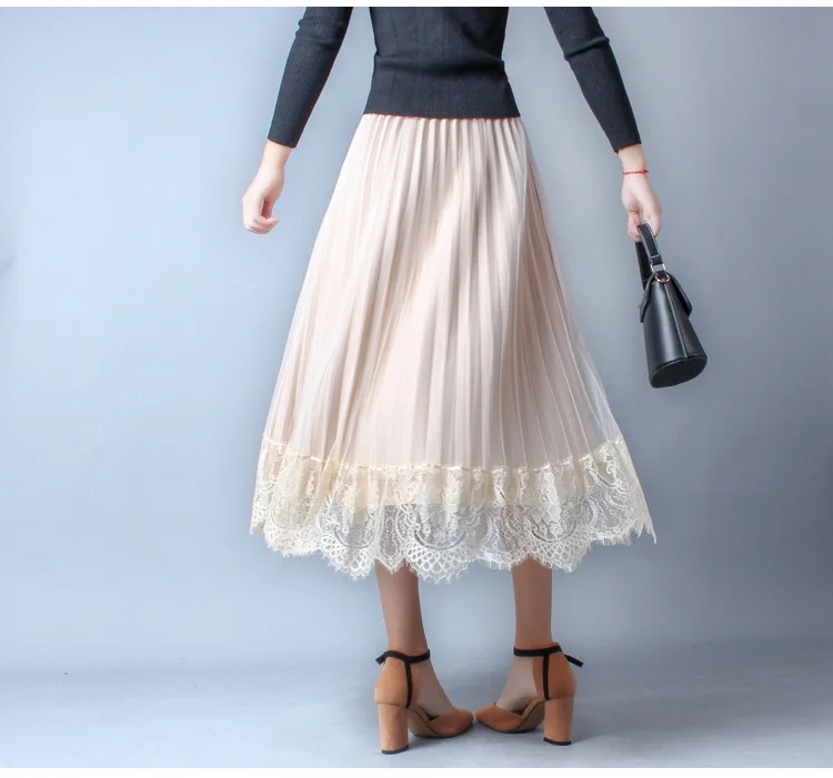 Осенняя Женская плиссированная юбка, зимняя кружевная юбка миди с высокой талией, бархатная Женская юбка, плиссированная юбка с высокой талией, Jupe Femme - Цвет: apricot