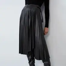 Осенне-зимние женские черные шикарные юбки с бантом из искусственной кожи, Юбки миди с высокой талией, повседневные Асимметричные плиссированные юбки
