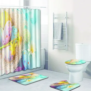 

Easter Egg Rabbit Print Toilet Mat Four Piece Shower Curtain Bathroom Carpet Set Bathroom Supplies