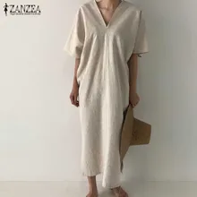 ZANZEA женское элегантное однотонное платье с v-образным вырезом, летнее платье с коротким рукавом, платье миди с разрезом, сарафан из хлопка и льна, платье-кафтан, женское платье