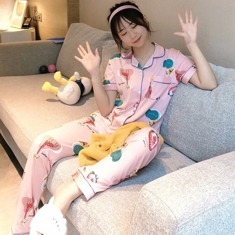 

2021 New Women's Pajamas Summer Short-sleeved Trousers 2 Pcs Sets of Home Clothes Cartoon Printing Loose Ice Silk Cool Pyjamas