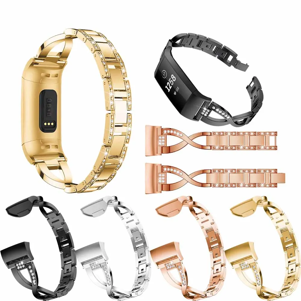 Для Fitbit Charge 3 металлический ремешок со стразами из нержавеющей стали цепной женский сменный Браслет для fitbit charge3