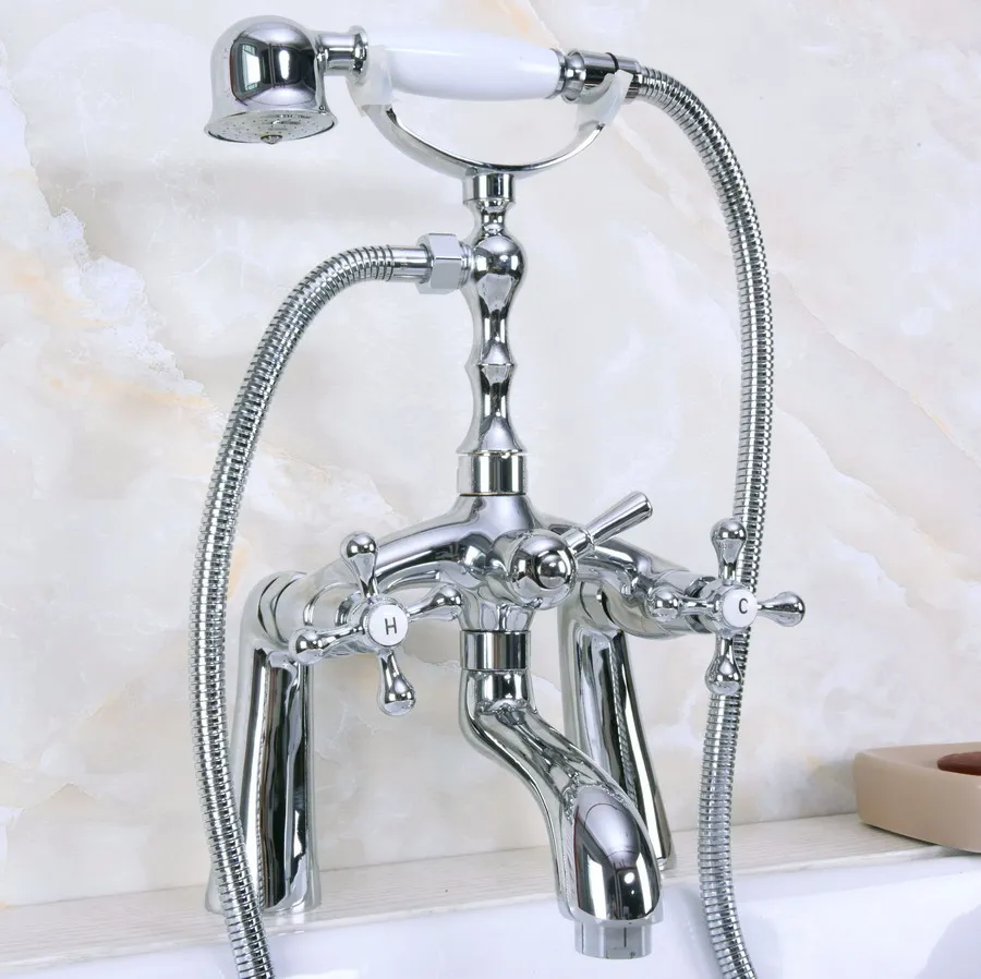 Polished Chrome Brass Deck Mount Bathroom Tub Faucet Dual Cross Handles Telephone Style Hand Shower Clawfoot Tub Filler ana121