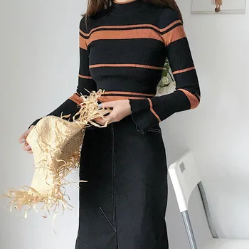

Korean Style Hot Sale New Striped Pattern Flare Sleeve Slim Round Neck Long-sleeved Knit Pullover Women Sweater For Autumn!: