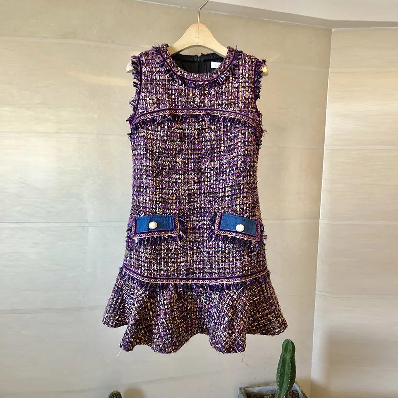 

2018 Autumn And Winter Elegant Tweed Graceful Crew Neck Slim Fit Slimming A- line Flounced Dress Women's