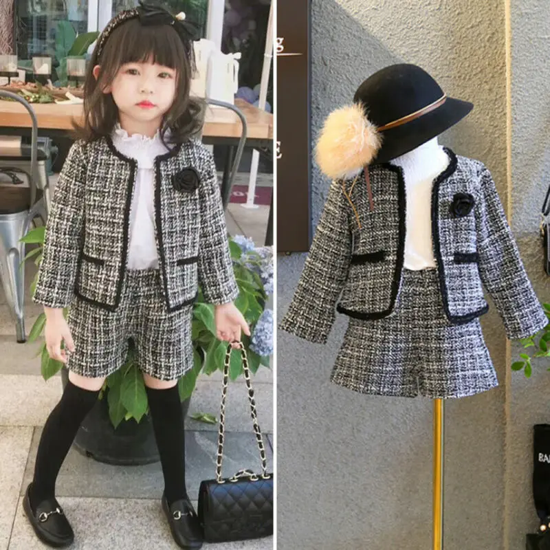 Г., модные От 1 до 6 лет комплекты одежды для маленьких девочек осенне-зимнее клетчатое пальто с длинными рукавами для дня рождения топ+ шорты, 2 предмета, вечерние, теплые, официальный костюм