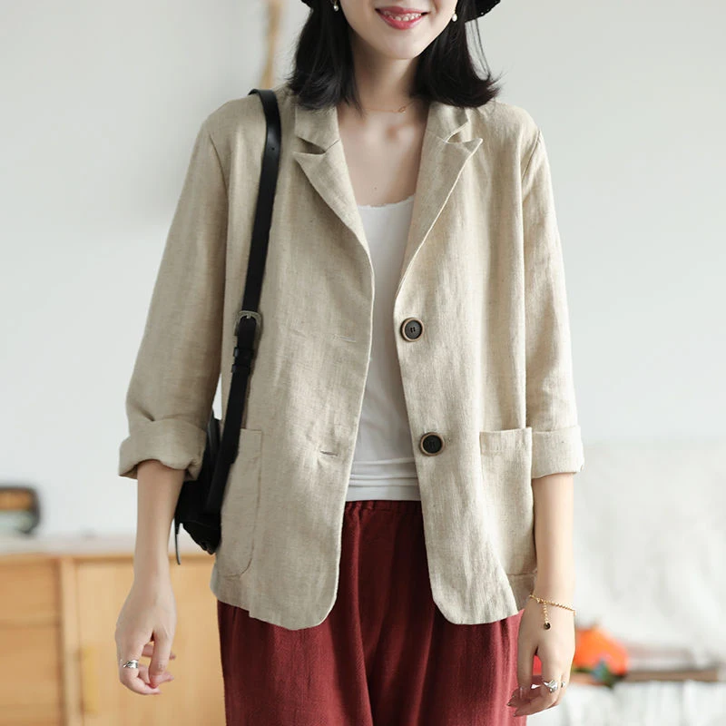 New Arrival 2020 Spring Summer Women Casual Blazer Double Pocket Cotton Linen Solid Coats Ladies vintage Jacket Plus Size S755 |