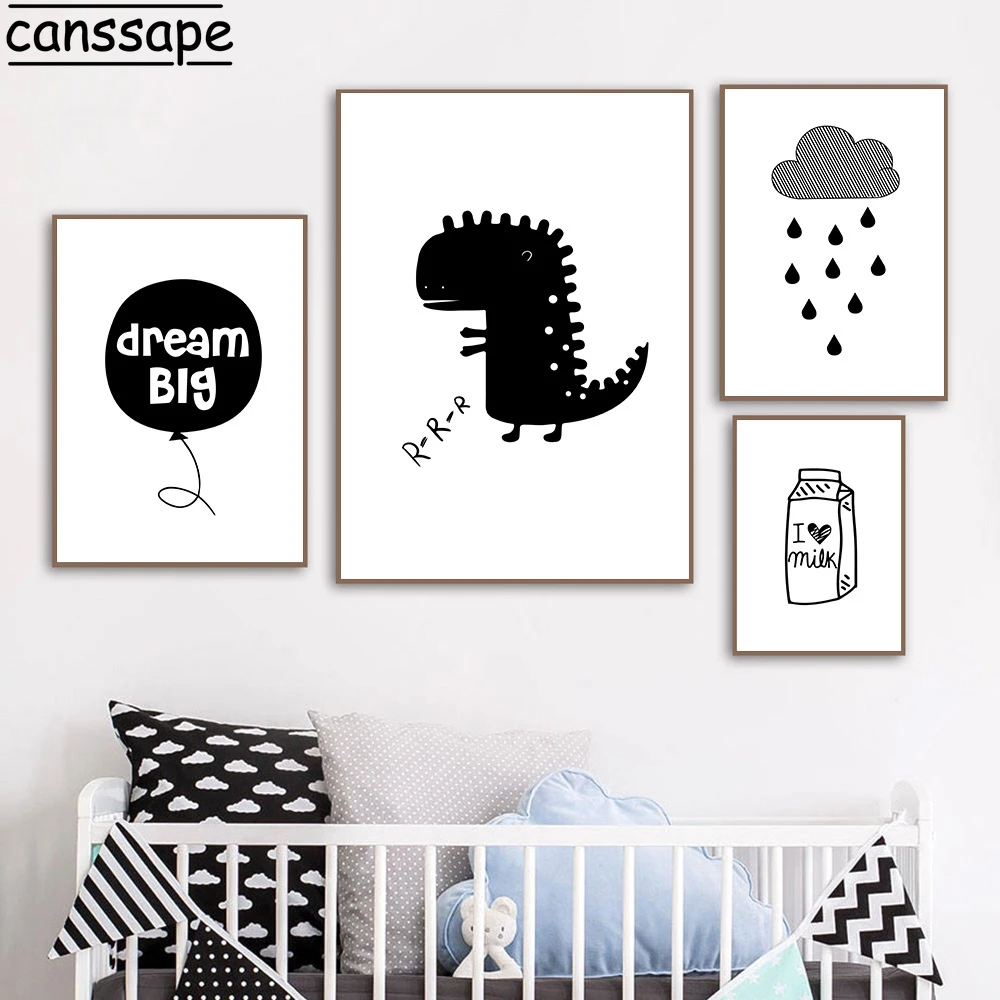 Peinture En Toile De Dinosaure Pour Garcon Et Fille Affiche Murale En Noir Et Blanc Pour Decor Pour Chambre De Bebe Et Fille Aliexpress