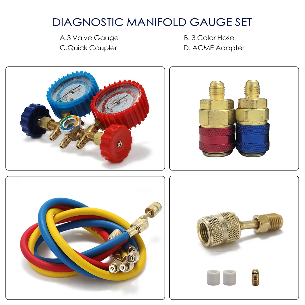 AC диагностический набор коллекторов с манометром 3 Way датчик хладагента для R134A R12 R22 R502 охладителей, муфта и адаптер