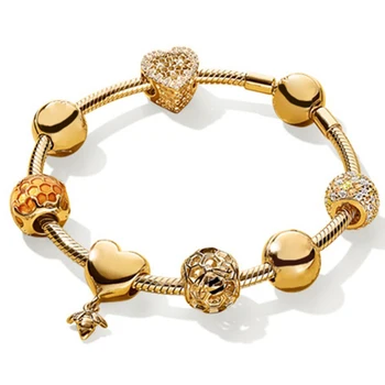 

NEW 100% 925 Sterling Silver Brand New Bracelet Suit 18 Gold Color Love Honey Honeycomb Bracelet Set Fit DIY Sweet Gift