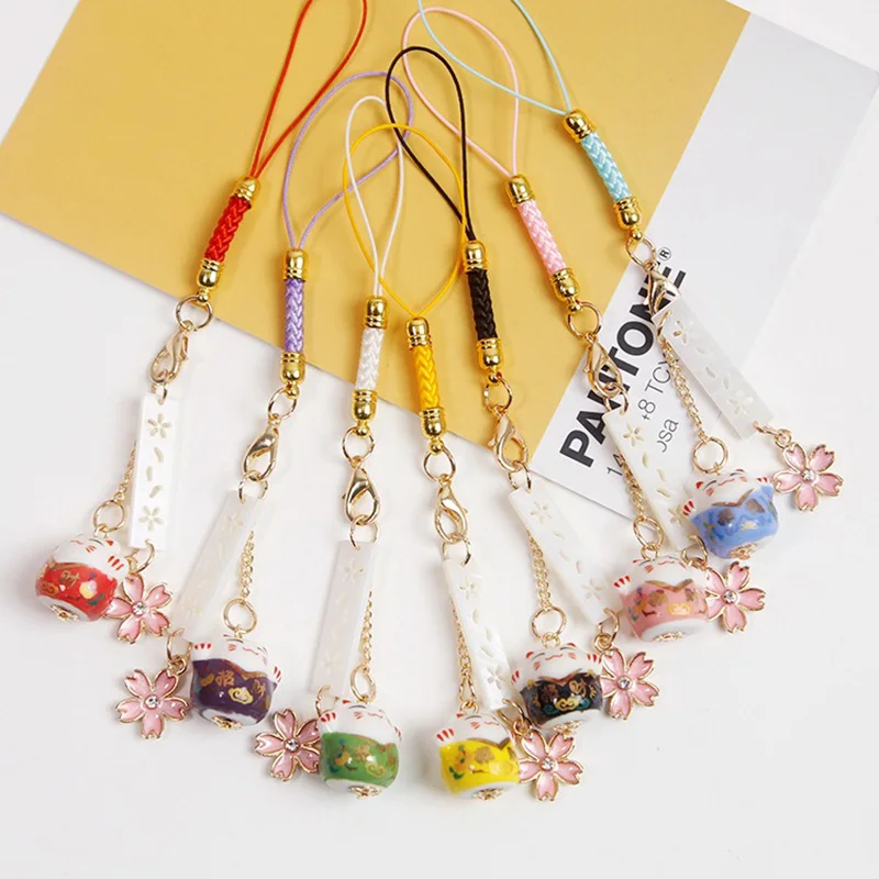 Cute Maneki Neko Smart Phone Strap Cordini Iphone Case Decoration Sakura Cat Bell Mobile Rope Portachiavi Coppia Regalo