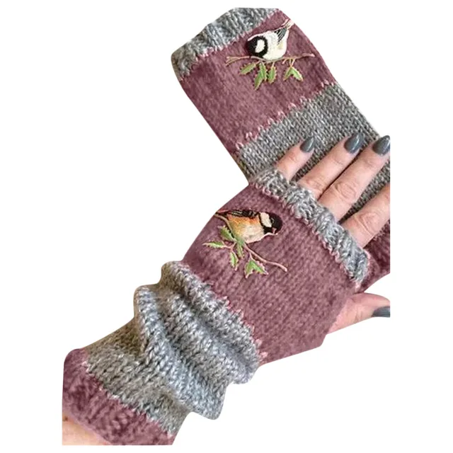 Embroidery Birds Gloves Cotton Fingerless Glove for Women Knitted Block Splice Mittens Womens Girls Gloves Without Fingers 6