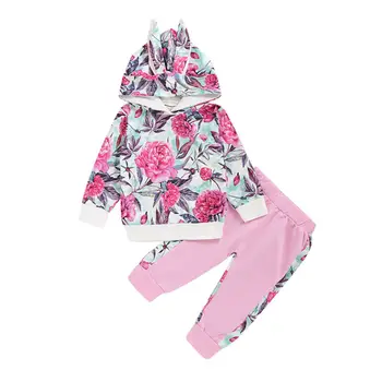 

0-24 Months Newborn Girls Clothes 2019 Autumn Baby Girl Active Set Floral Hooded Tops Long Pants Tracksuits For Girls Clothing