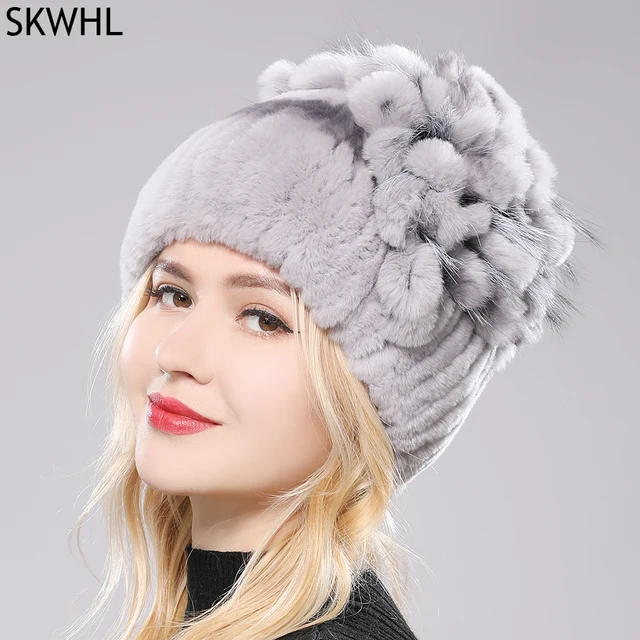 2023 Brand Women Genuine Rex Rabbit Fur Hats Winter Rex Rabbit Fur Beanies Striped Top Flower Fox Fur Warm Real Fur Knit Caps 1