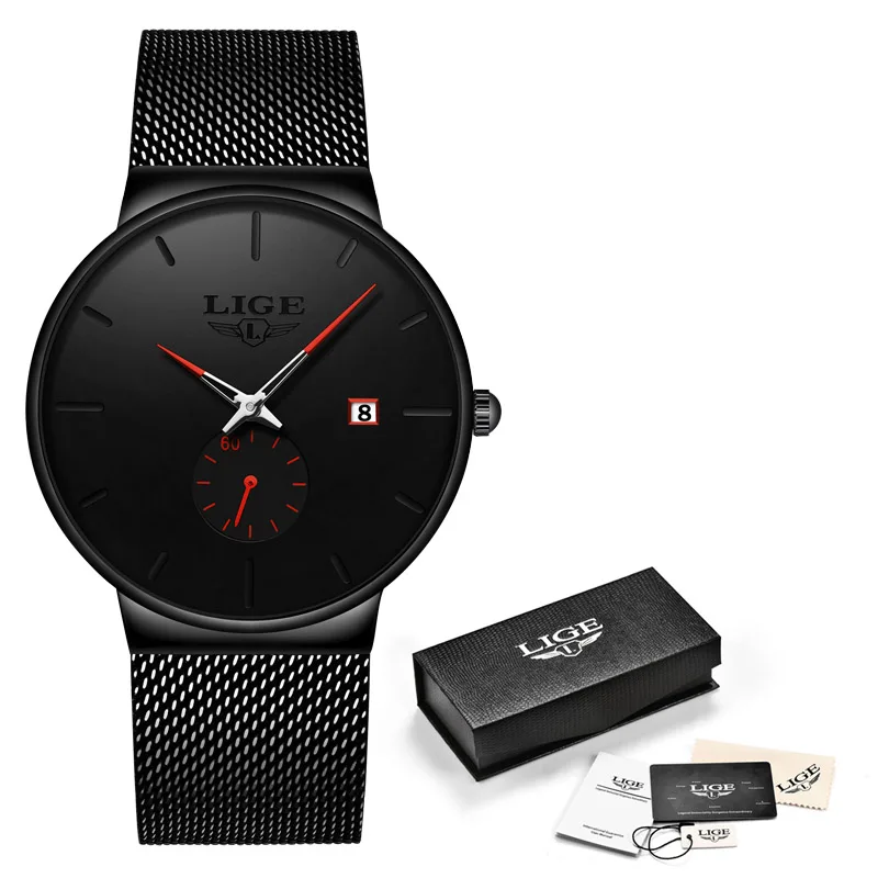 Black red Relogio Masculino, модные мужские часы s, LIGE, Топ бренд, Роскошные Кварцевые часы, мужские повседневные тонкие сетчатые стальные водонепроницаемые спортивные часы - Цвет: Black red