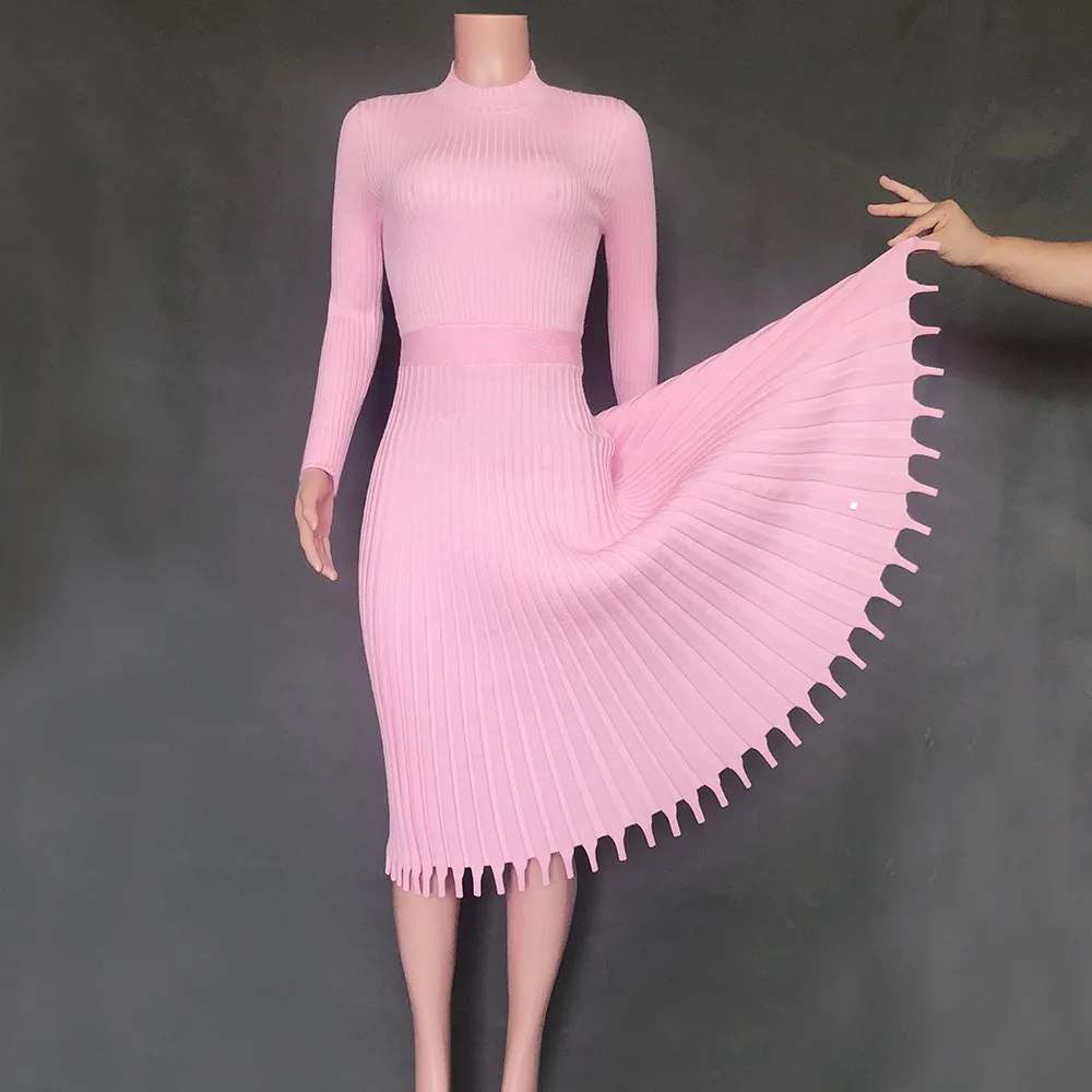 Luzuzi, элегантное, вечерние, плиссированное платье-свитер, для женщин,, зима, осень, розовый, для офиса, для девушек, миди, вязанное, Vestido, сексуальное, обтягивающее, размера плюс