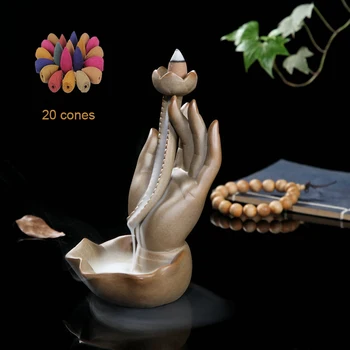 

Backflow Incense Burner The Buddha Hand With 20Pcs Cones Ceramic Home Office Decor Smoke Incense Holder Ornament Home