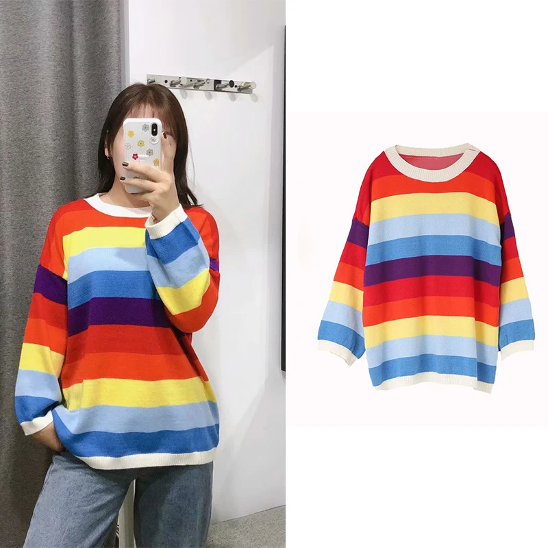 

za 2019 Rainbow Stripe Casual jersey mujer invierno Winter fashion knit sweater women tops ONeck Loose Long pull femme nouveaute