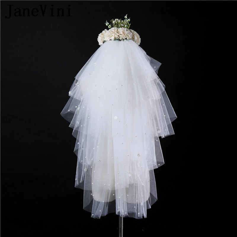 

JaneVini 2019 Elegant Ivory Bridal Short Tulle Veils with Comb Multi Layers Pearls Elbow Length Veil Puffy Wedding Accessories