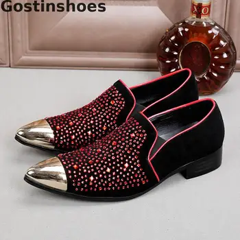 

Fashion Men Shoes Black Genuine Leather Red Crystals Decorated Men Casual Leather Loafers Golden Metal Capped Toe Leisure Shoes