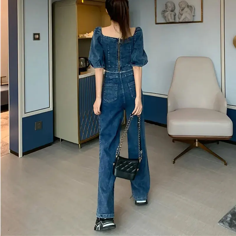 spring Denim Two Piece Set 2020 Women Fashion Sexy V-Neck Lantern sleeve short Top + High Waist Denim Wide-legged Pants set