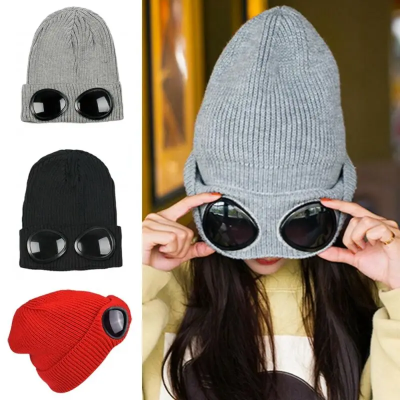 Новинка, зимние шапки бини Skullies, лыжная шапка со съемными очками для мужчин и женщин, зимняя вязаная шапка, крышки-новинки