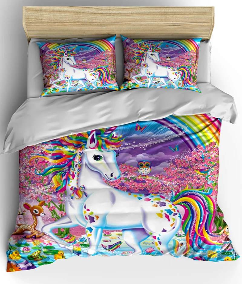 Набор постельных принадлежностей с единорогом, фиолетовый дизайнерский пододеяльник, с рисунком радуги, с животными, линия для кровати, комната принцессы для девочек, 3 шт