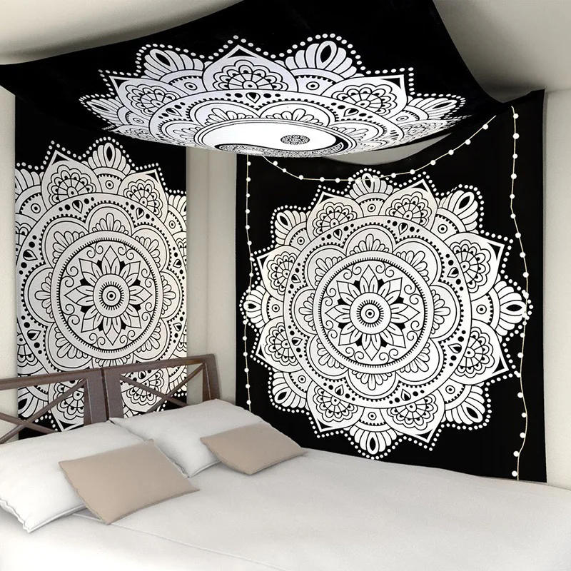 Гобелен Мандала с изображением слона черно белый гобелен животное настенное