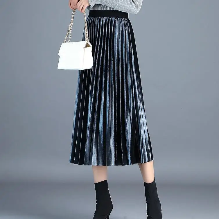 Весна Осень Мода юбка элегантная тонкая А-образная юбка высокая талия плиссированная Однотонная юбка