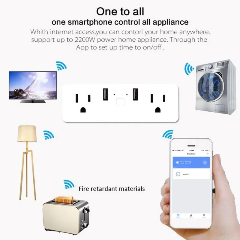 Стандарт США WiFi Smart Plug 2 выход двойной USB порт приложение голосовой пульт дистанционного управления огнеупорная розетка
