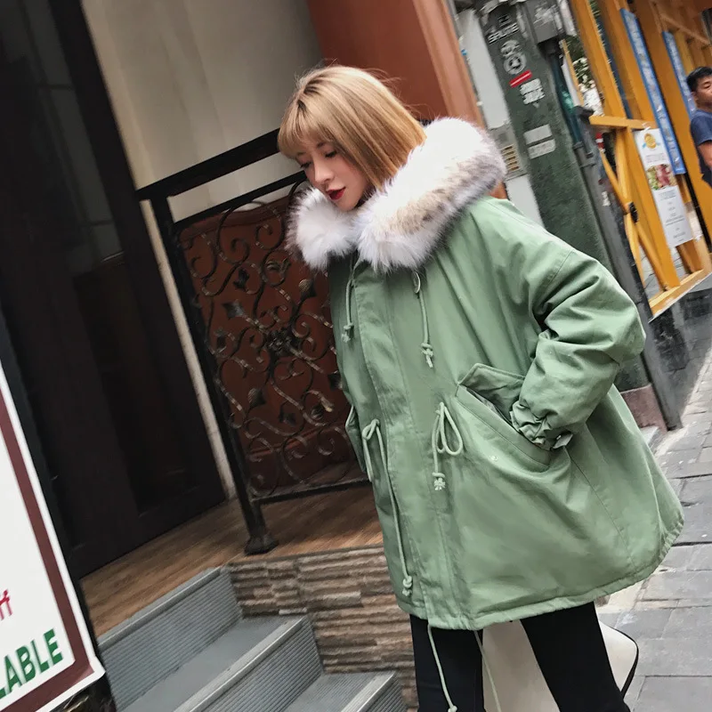 

Winter Harajuku Cotton-padded Jacket Casual Mid-length Fashion Loose-Fit BF Drawstring Padded Fur Collar Workwear Women Coat