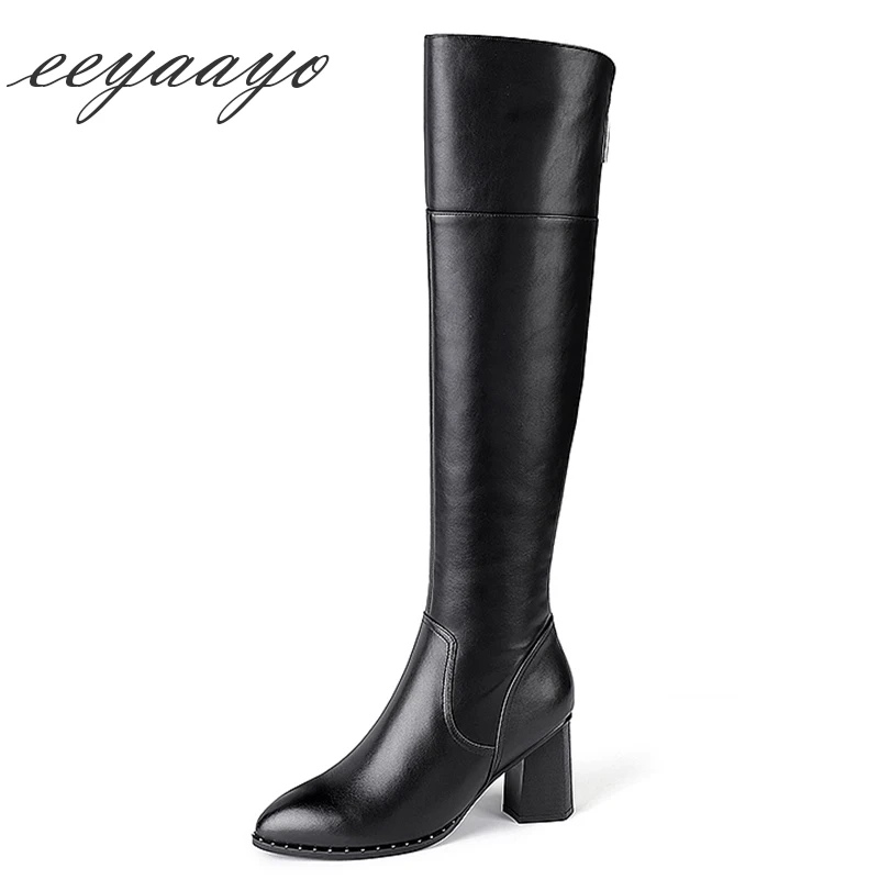 

2019 New Genuine Leather Winter Women Knee-High Boots High Heel Pointed Toe Solid Zipper Sexy Ladies Women Shoes Black Boots