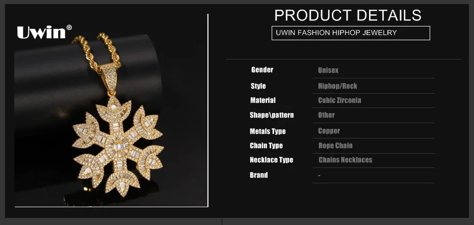UWIN Fashion Men Women Baguette Snow Shape Pendant Necklace Gold Color Iced Bling Bling Cubic Zirconia Hiphop Jewelry