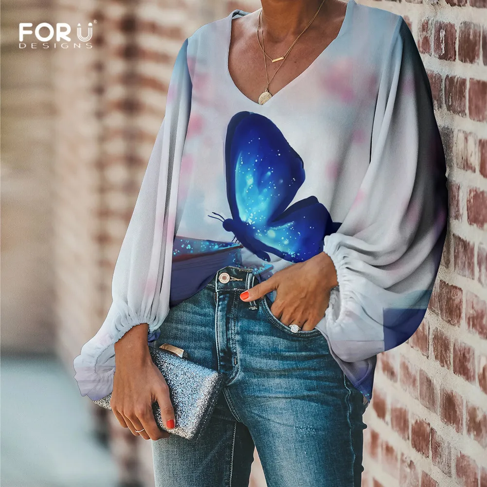 FORUDESIGNS/женские шифоновые блузки с объемными цветами и бабочками, свободные топы с v-образным вырезом и длинными рукавами, женская модная блузка, рубашка