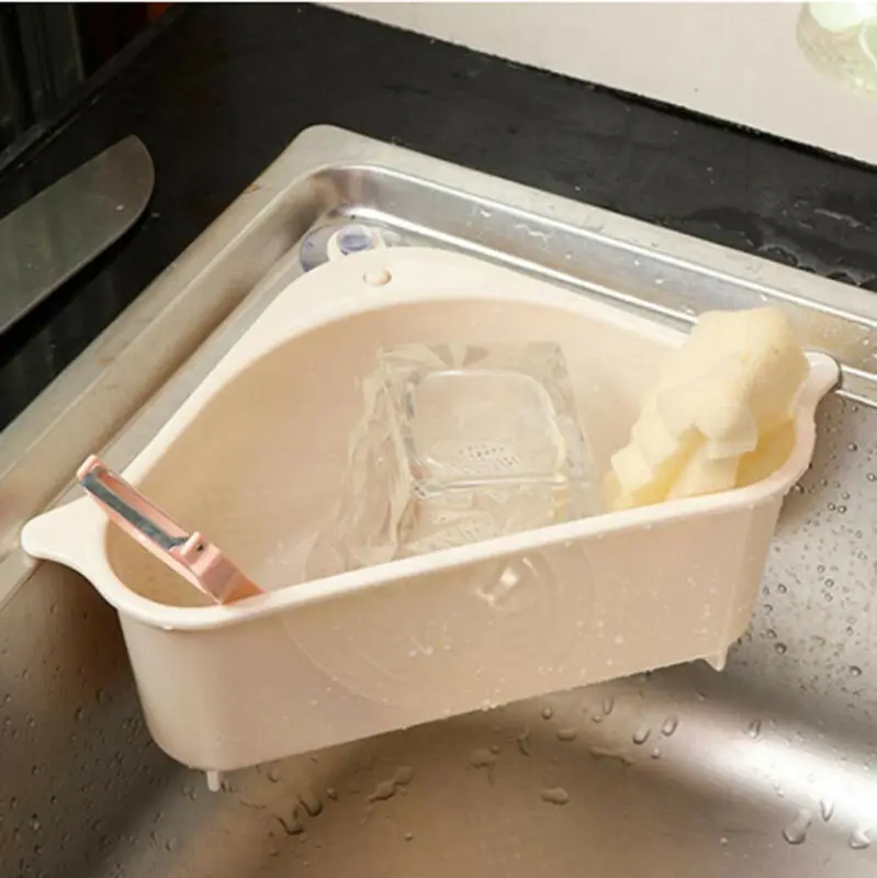 Triangle Shape Water Drain Basket Plastic Sponge Holder Basket Storage Rack Kitchen Supplies Pool Sucker Cup Storage Shelves