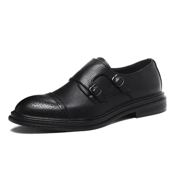 

Modern Formal Men Double Monk Strap Slip On Loafer Perforated Design Men's Dress Shoes Snake-Grain Male Penny Loafers Men Gifts