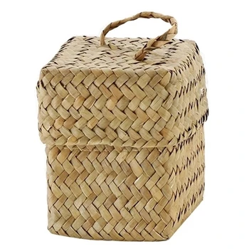 

Straw gift box handmade primary color simple straw mini covered cosmetics jewelry storage box interior home decoration