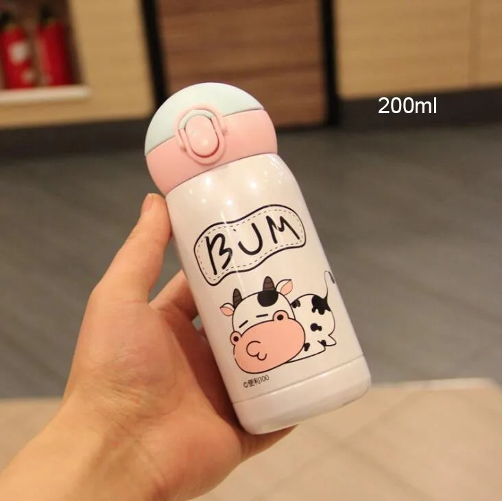 200ml Детская мультяшная соломенная бутылка для питьевой воды из нержавеющей стали, детский термос кружка с ручкой и ремешком, 200 мл, 300 мл - Цвет: 200ml