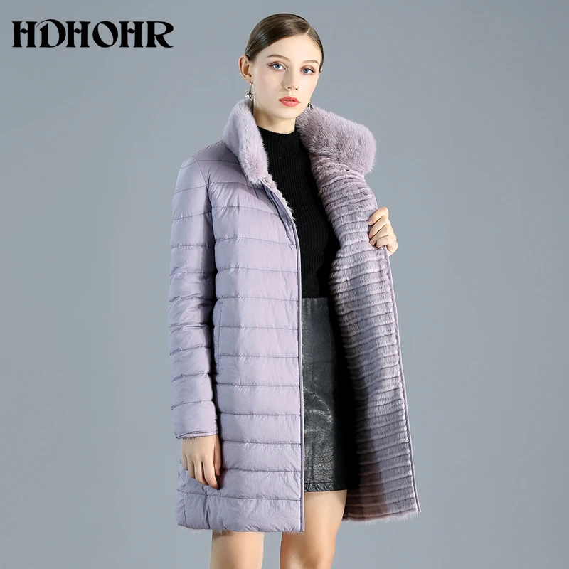 HDHOHR Для женщин из натурального меха норки, пальто с наполнителем из пуха с возможностью носить на обе стороны натурального меха норки куртки зима теплый в полоску длинное меховое пальто